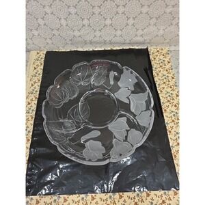 14" Divided Glass Serving Dish Centerpiece Platter‎ Floral Leaf Etched